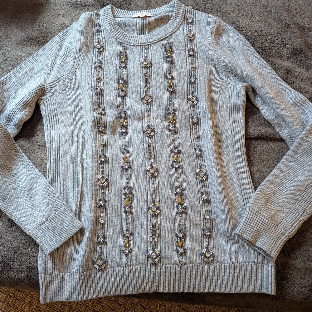 Tory Burch Light Gray Sweater with Beaded Details - Picture 2 of 6